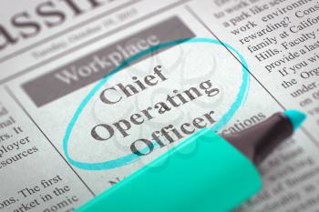 Chief Operating Officer. Newspaper with the Vacancy, Circled with a Azure Highlighter. Blurred Image. Selective focus. Concept of Recruitment. 3D Illustration.