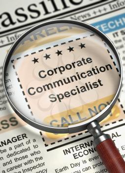 Corporate Communication Specialist. Newspaper with the Small Advertising. Corporate Communication Specialist - Vacancy in Newspaper. Job Seeking Concept. Selective focus. 3D Rendering.