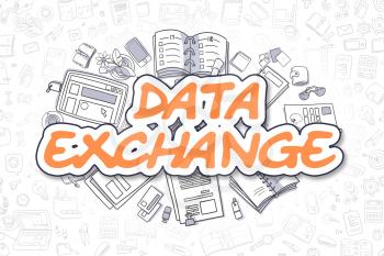 Data Exchange Doodle Illustration of Orange Word and Stationery Surrounded by Doodle Icons. Business Concept for Web Banners and Printed Materials. 