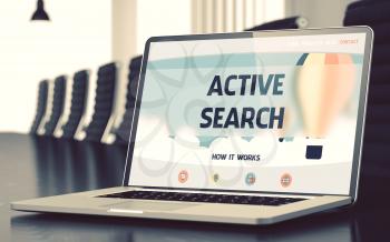 Active Search Concept. Closeup Landing Page on Laptop Display on Background of Conference Hall in Modern Office. Toned. Blurred Image. 3D Render.