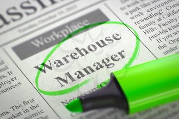 Warehouse Manager. Newspaper with the Jobs, Circled with a Green Marker. Blurred Image with Selective focus. Job Seeking Concept. 3D Rendering.