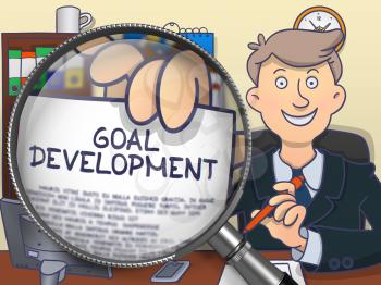 Goal Development on Paper in Business Man's Hand through Magnifying Glass to Illustrate a Business Concept. Colored Doodle Style Illustration.