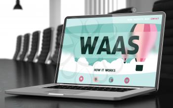 Laptop Screen with Waas Concept on Landing Page. Closeup View. Modern Meeting Room Background. Toned. Blurred Image. 3D Illustration.