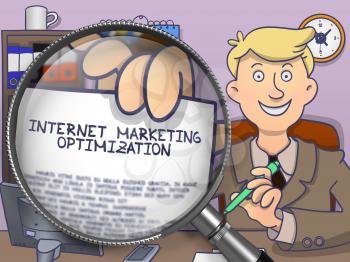 Internet Marketing Optimization. Paper with Concept in Business Man's Hand through Magnifier. Multicolor Doodle Style Illustration.