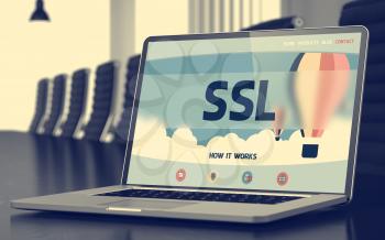 Ssl on Landing Page of Laptop Screen. Closeup View. Modern Meeting Hall Background. Toned Image with Selective Focus. 3D Rendering.