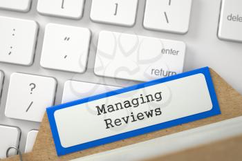 Managing Reviews. Orange Card File on Background of Computer Keyboard. Business Concept. Close Up View. Selective Focus. 3D Rendering.
