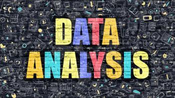 Data Analysis. Multicolor Inscription on Dark Brick Wall with Doodle Icons. Data Analysis Concept in Modern Style. Doodle Design Icons. Data Analysis on Dark Brickwall Background.