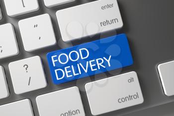 Food Delivery Concept Laptop Keyboard with Food Delivery on Blue Enter Key Background, Selected Focus. 3D Illustration.