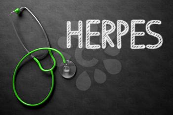 Medical Concept: Herpes on Black Chalkboard. Medical Concept: Herpes - Text on Black Chalkboard with Green Stethoscope. 3D Rendering.