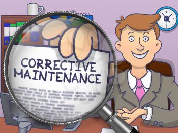 Corrective Maintenance. Concept on Paper in Man's Hand through Lens. Colored Doodle Style Illustration.