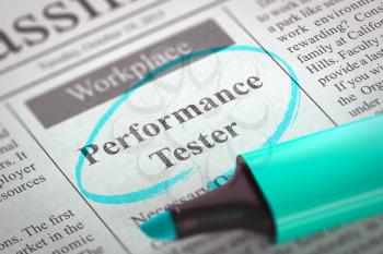 Performance Tester - Jobs Section Vacancy in Newspaper, Circled with a Azure Marker. Blurred Image. Selective focus. Concept of Recruitment. 3D Rendering.