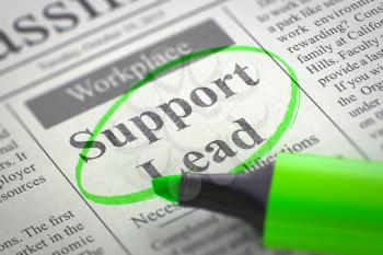 Support Lead. Newspaper with the Small Advertising, Circled with a Green Marker. Blurred Image with Selective focus. Hiring Concept. 3D Illustration.