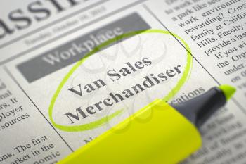 Van Sales Merchandiser - Advertisements and Classifieds Ads for Vacancy in Newspaper, Circled with a Yellow Highlighter. Blurred Image with Selective focus. Job Seeking Concept. 3D Illustration.