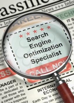Search Engine Optimization Specialist. Newspaper with the Job Vacancy. Search Engine Optimization Specialist - Small Ads of Job Search in Newspaper. Hiring Concept. Blurred Image. 3D Render.