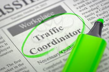 A Newspaper Column in the Classifieds with the Small Advertising of Traffic Coordinator, Circled with a Green Highlighter. Blurred Image. Selective focus. Job Search Concept. 3D Rendering.