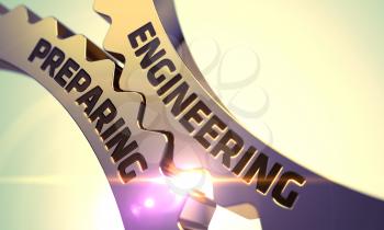 Engineering Preparing - Industrial Design. Golden Cog Gears with Engineering Preparing Concept. 3D Render.