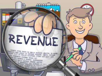 Businessman in Suit Holding a Paper with Concept Revenue Concept through Magnifying Glass. Closeup View. Colored Modern Line Illustration in Doodle Style.
