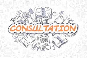 Orange Inscription - Consultation. Business Concept with Doodle Icons. Consultation - Hand Drawn Illustration for Web Banners and Printed Materials. 