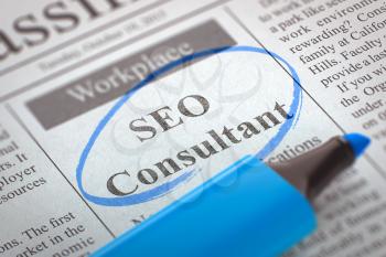 Newspaper with Small Ads of Job Search SEO Consultant. Blurred Image. Selective focus. Concept of Recruitment. 3D Render.