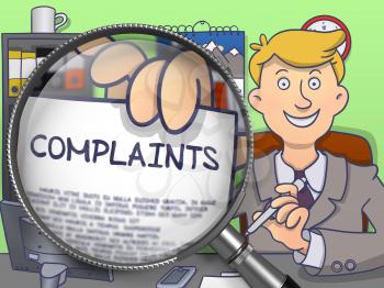 Complaints through Lens. Officeman Showing a Paper with Concept. Closeup View. Multicolor Doodle Illustration.