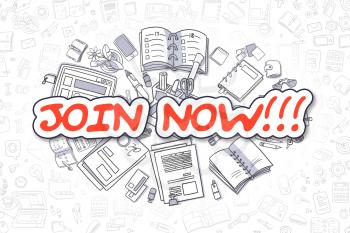 Join Now - Sketch Business Illustration. Red Hand Drawn Word Join Now Surrounded by Stationery. Cartoon Design Elements. 