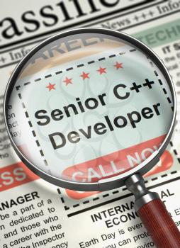 Senior C Developer - Vacancy in Newspaper. Senior C Plus Plus Developer - Close Up View Of A Classifieds Through Magnifier. Job Seeking Concept. Blurred Image. 3D Illustration.