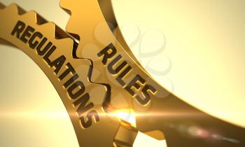 Golden Metallic Cogwheels with Rules Regulations Concept. 3D.