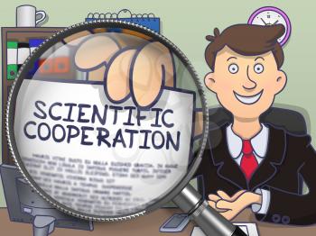 Scientific Cooperation through Lens. Officeman Shows Paper with Concept. Closeup View. Multicolor Doodle Style Illustration.