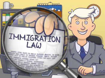 Officeman in Suit Looking at Camera and Shows Paper with Concept Immigration Law Concept through Lens. Closeup View. Multicolor Doodle Illustration.
