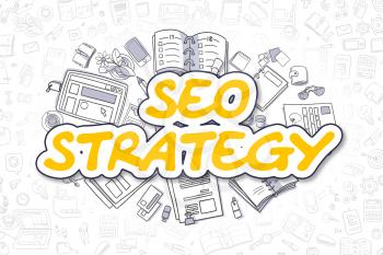SEO Strategy - Sketch Business Illustration. Yellow Hand Drawn Word SEO Strategy Surrounded by Stationery. Doodle Design Elements. 
