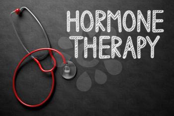 Medical Concept: Hormone Therapy - Text on Black Chalkboard with Red Stethoscope. Black Chalkboard with Hormone Therapy - Medical Concept. 3D Rendering.