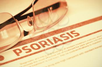 Psoriasis - Printed Diagnosis with Blurred Text on Red Background with Specs. Medicine Concept. Psoriasis - Medical Concept on Red Background with Blurred Text and Composition of Specs. 3D Rendering.