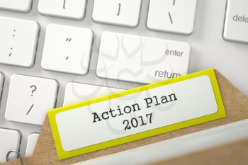Action Plan 2017. Yellow Card File Overlies White PC Keyboard. Archive Concept. Close Up View. Selective Focus. 3D Rendering.