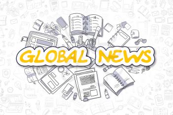 Global News Doodle Illustration of Yellow Word and Stationery Surrounded by Doodle Icons. Business Concept for Web Banners and Printed Materials. 