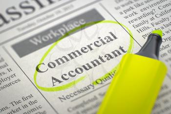 Commercial Accountant - Vacancy in Newspaper, Circled with a Yellow Highlighter. Blurred Image. Selective focus. Job Search Concept. 3D Rendering.