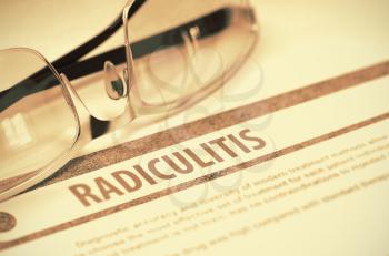 Radiculitis - Medicine Concept with Blurred Text and Glasses on Red Background. Selective Focus. 3D Rendering.