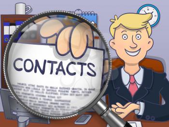 Contacts through Magnifier. Businessman Showing a Concept on Paper. Closeup View. Colored Doodle Illustration.