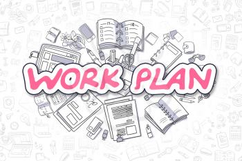 Cartoon Illustration of Work Plan, Surrounded by Stationery. Business Concept for Web Banners, Printed Materials. 