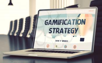 Gamification Strategy Concept. Closeup Landing Page on Laptop Screen on Background of Meeting Room in Modern Office. Blurred Image with Selective focus. 3D Illustration.