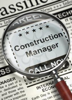 Construction Manager - Small Advertising in Newspaper. Construction Manager. Newspaper with the Vacancy. Job Seeking Concept. Selective focus. 3D Illustration.