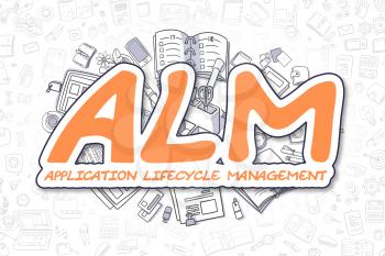 Orange Text - ALM - Application Lifecycle Management. Business Concept with Cartoon Icons. ALM - Application Lifecycle Management - Hand Drawn Illustration for Web Banners and Printed Materials. 