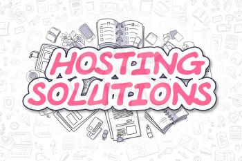 Magenta Word - Hosting Solutions. Business Concept with Cartoon Icons. Hosting Solutions - Hand Drawn Illustration for Web Banners and Printed Materials. 