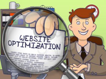 Website Optimization through Magnifier. Officeman Holding a Paper with Text. Closeup View. Colored Doodle Style Illustration.