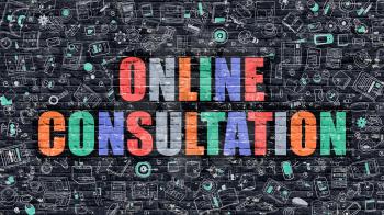 Online Consultation. Multicolor Inscription on Dark Brick Wall with Doodle Icons. Online Consultation Concept in Modern Style. Doodle Design Icons. Online Consultation on Dark Brickwall Background.