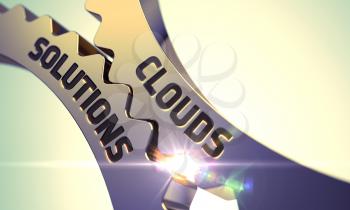 Clouds Solutions on Mechanism of Golden Gears with Glow Effect. 3D Render.