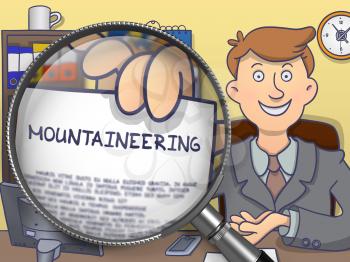 Mountaineering on Paper in Business Man's Hand to Illustrate a Business Concept. Closeup View through Magnifying Glass. Colored Doodle Style Illustration.