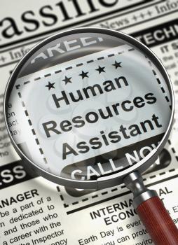 Newspaper with Classified Advertisement of Hiring Human Resources Assistant. Column in the Newspaper with the Vacancy of Human Resources Assistant. Job Seeking Concept. Selective focus. 3D.