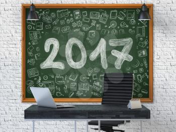 Green Chalkboard with the Text 2017 Hangs on the White Brick Wall in the Interior of a Modern Office. Illustration with Doodle Style Elements. 3D.