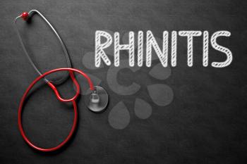 Medical Concept: Rhinitis Handwritten on Black Chalkboard. Top View of Red Stethoscope on Chalkboard. Medical Concept: Rhinitis - Text on Black Chalkboard with Red Stethoscope. 3D Rendering.