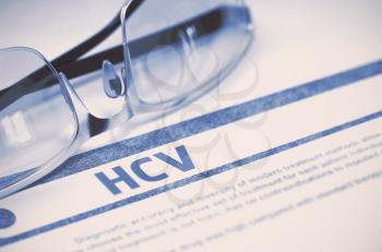 HCV - Hepatitis C - Medicine Concept with Blurred Text and Spectacles on Blue Background. Selective Focus. 3D Rendering.